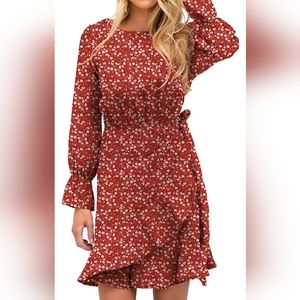 Relipop Floral Print Long Sleeve Ruffle Hem Dress in Orange Size Large